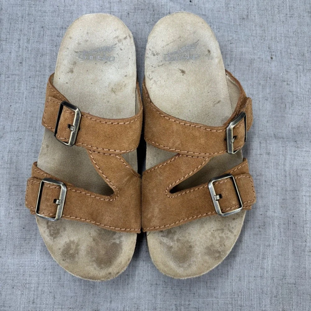 Dansko Dayna Tan Brown‎ Suede Leather Slip On Buckle Sandals Slides Womens EU 37